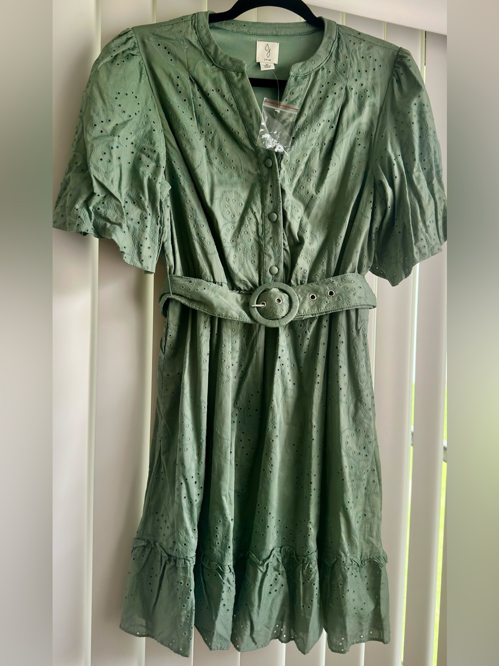 NWOT- Joie Olive Eyelet Button-Front Mini Dress with Belt